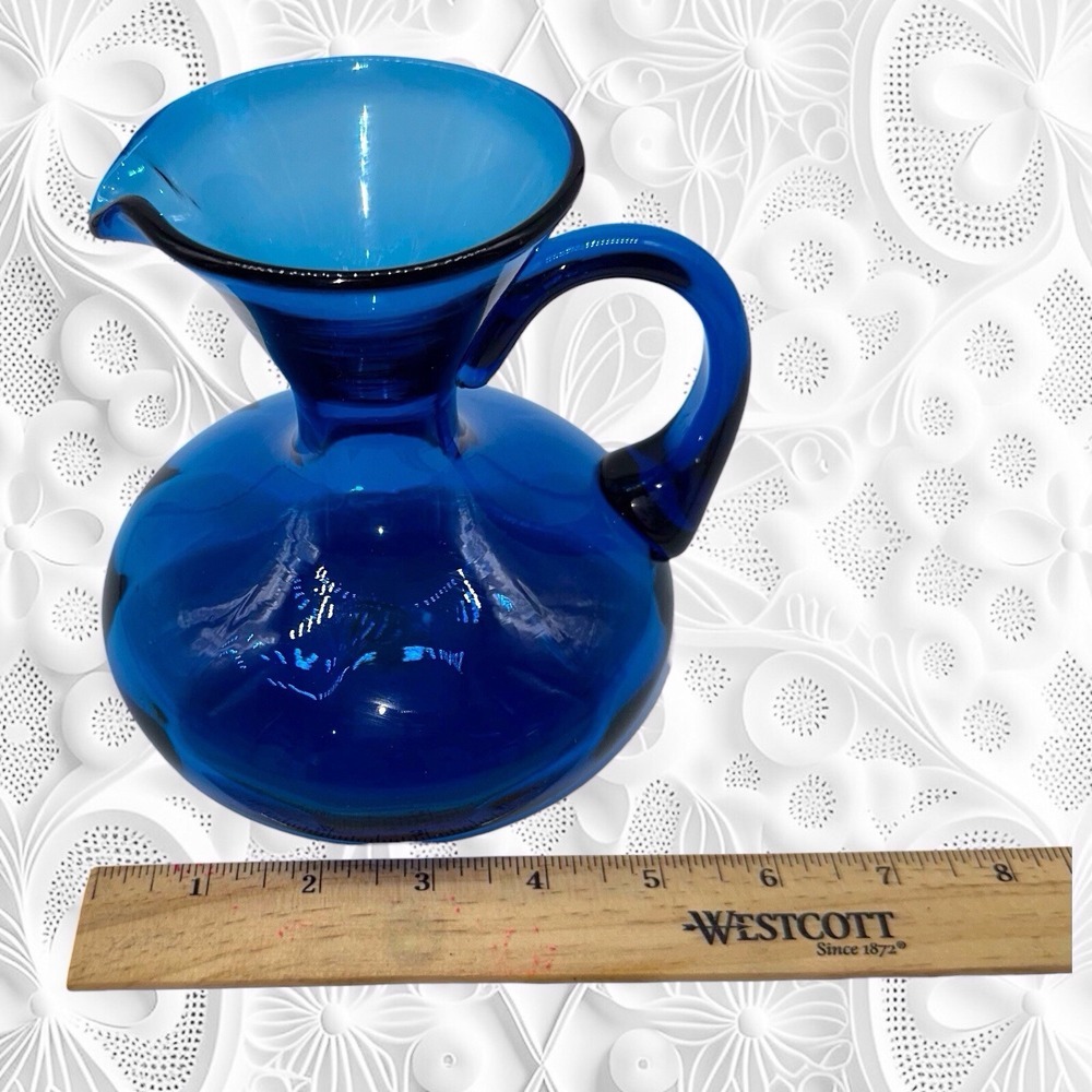 Vintage Rainbow Art Glass Co 1950s Hand Blown Pitcher Vase Optic Blue MCM 5.5" - Picture 7 of 9